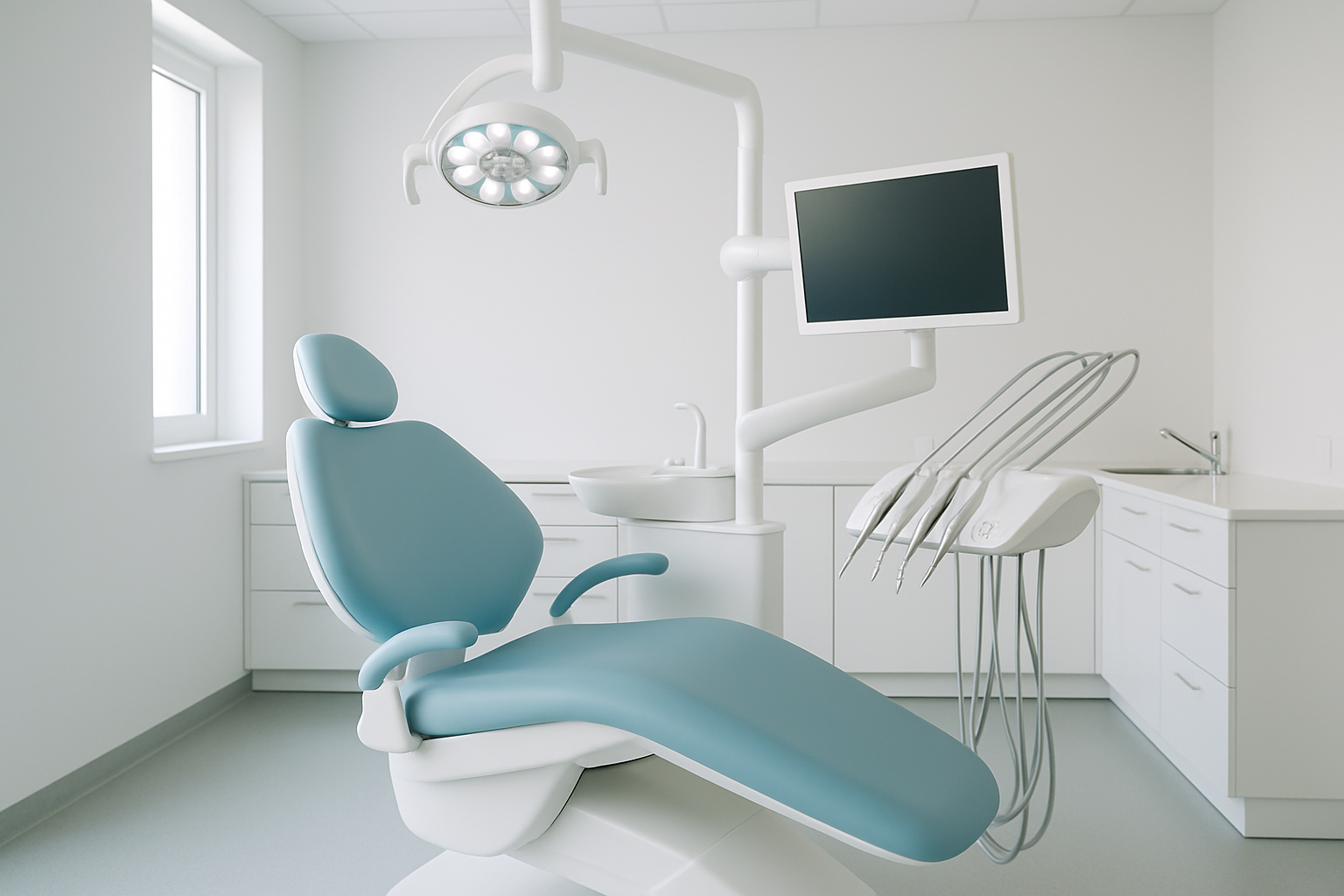 Gabinete dental equipado con sillón y lámpara de última generación