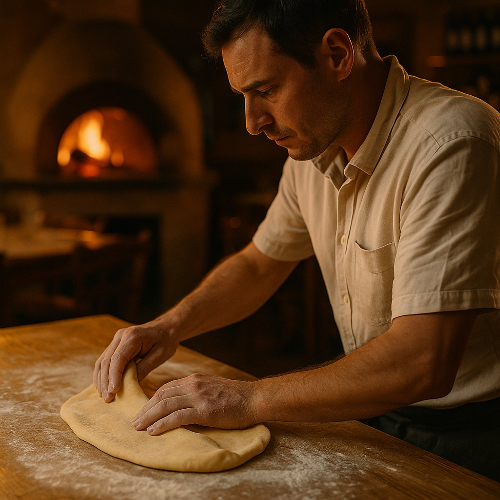 Manos amasando pasta fresca sobre mesa de madera enharinada