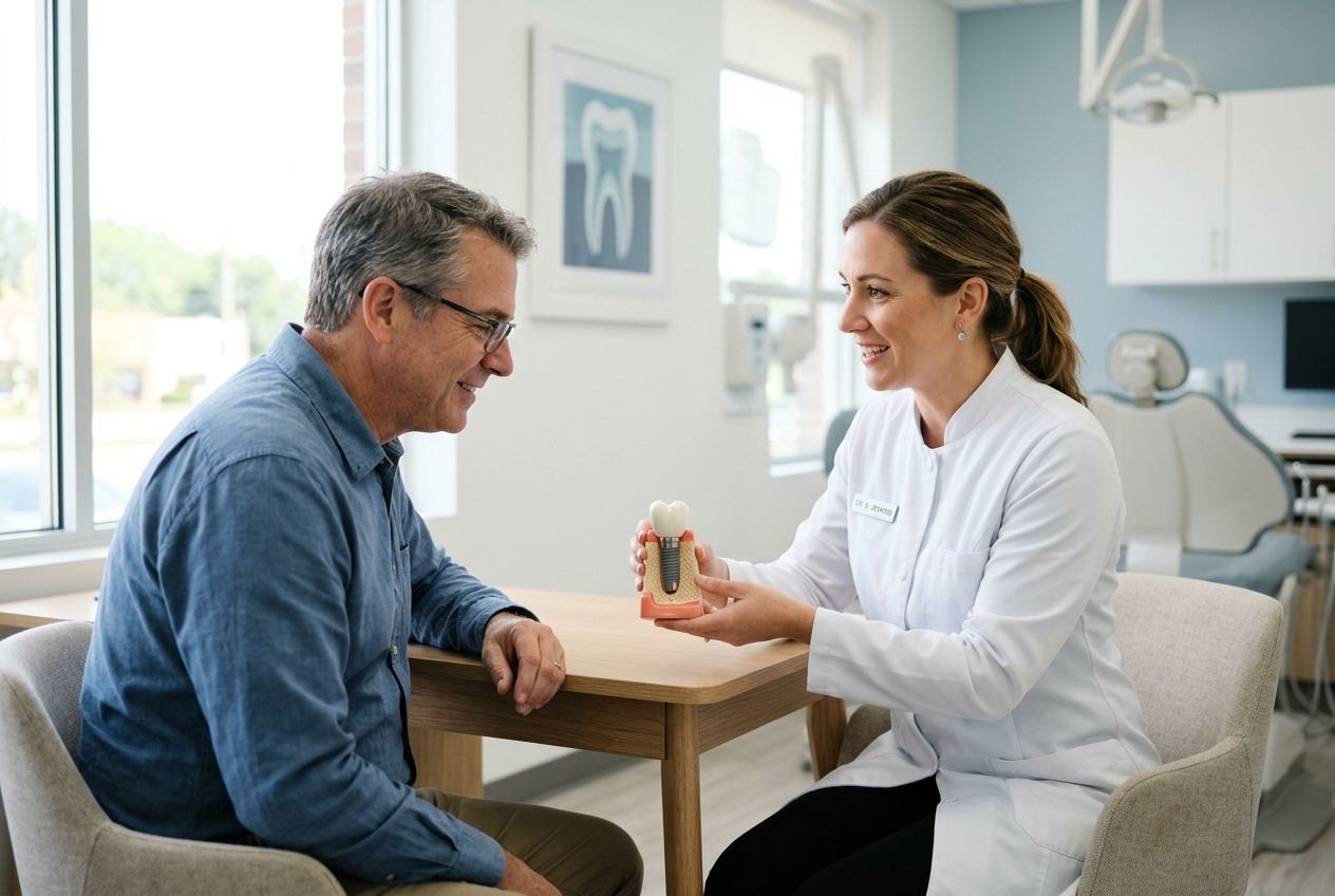 Dentista explicando un modelo de implante dental a un paciente adulto en consulta