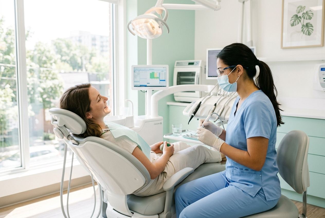Higienista realizando una limpieza dental a una paciente en un gabinete luminoso