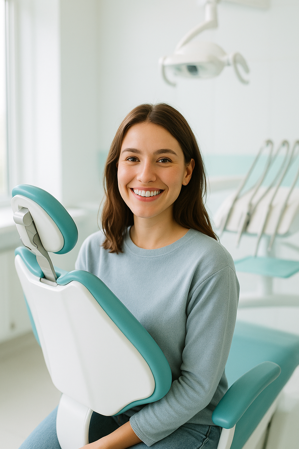 Paciente sonriendo sentada en el sillón de un gabinete dental luminoso y moderno