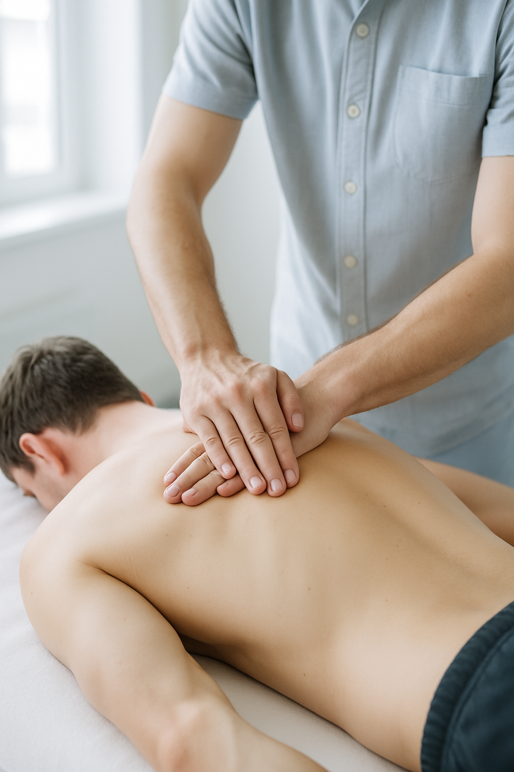 Fisioterapeuta realizando terapia manual en la espalda de un paciente tumbado en la camilla