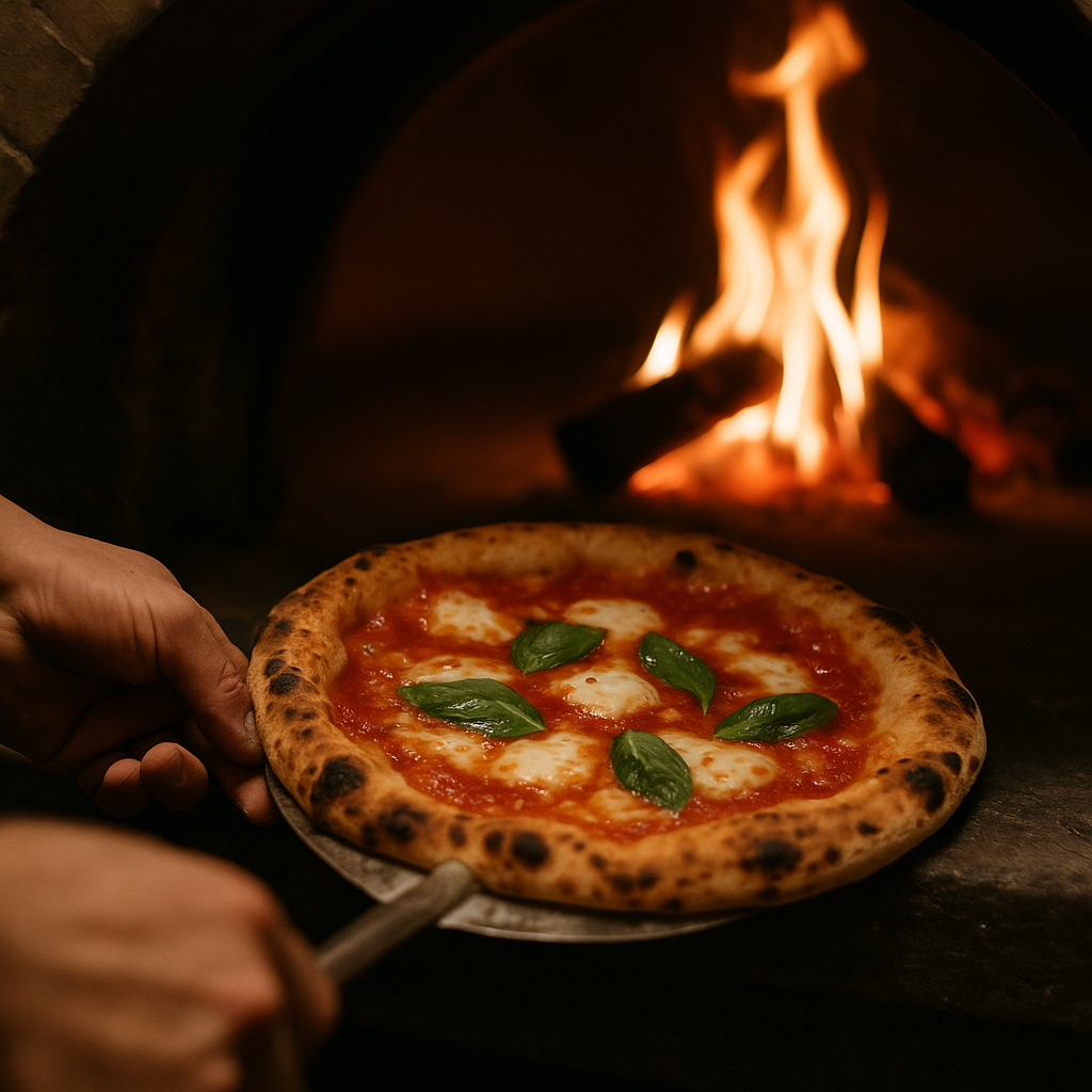 Pizza napolitana dentro del horno de leña con llamas