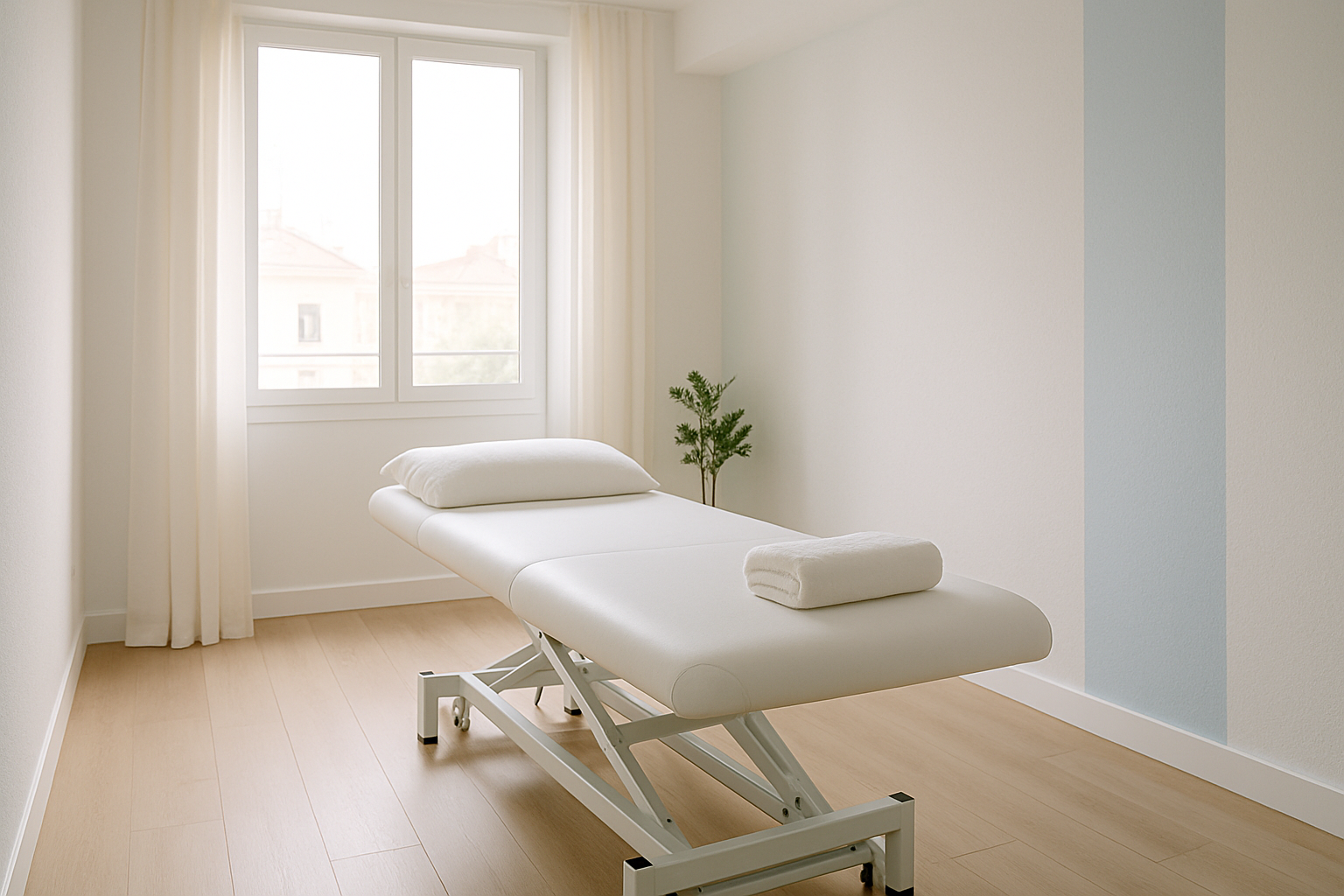 Sala de tratamiento de la clínica con camilla de fisioterapia junto a una ventana grande con luz natural