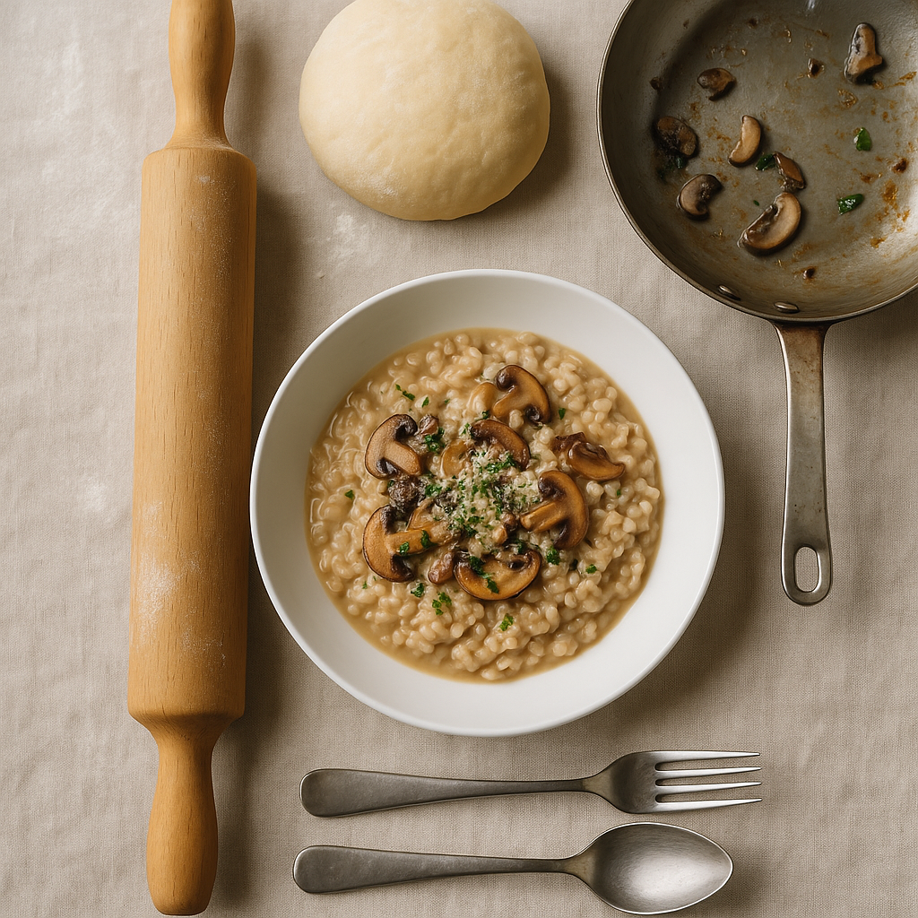 Risotto cremoso de setas servido en plato hondo
