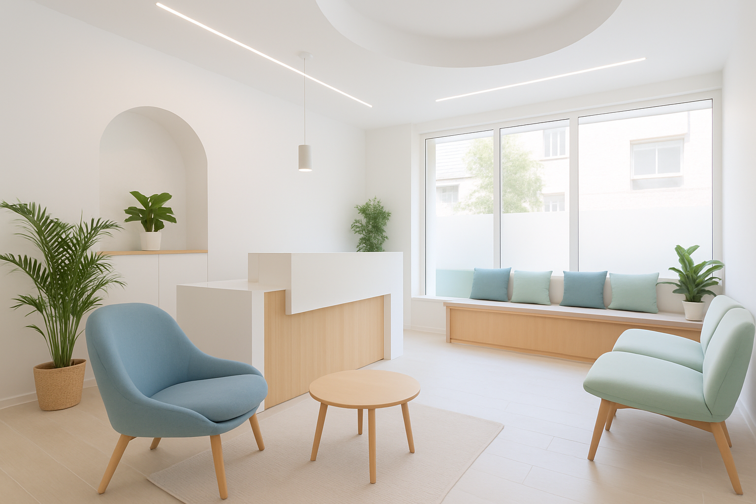 Recepción luminosa de la clínica dental con sala de espera moderna