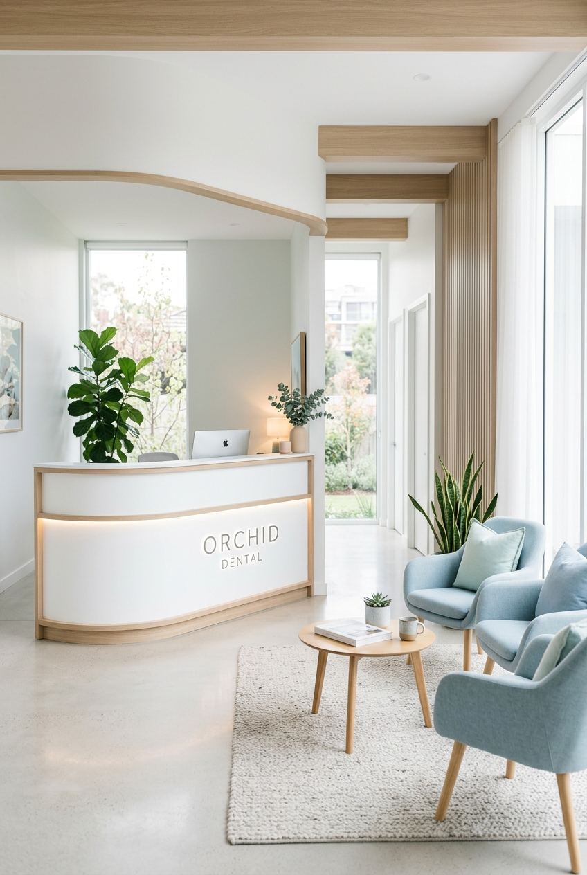 Recepción luminosa y acogedora de la Clínica Dexpega, con mostrador blanco, plantas y sillas cómodas