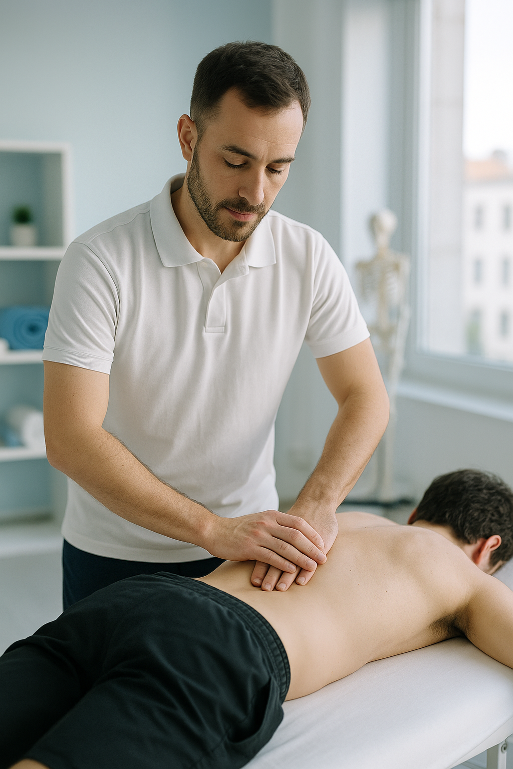 Fisioterapeuta tratando la espalda de un paciente tumbado en una camilla en una clínica luminosa
